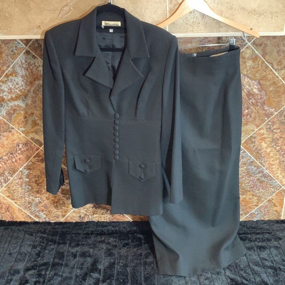 Vintage 90s Moschery Black Wool Blazer Pencil Skirt Suit Set Size 6